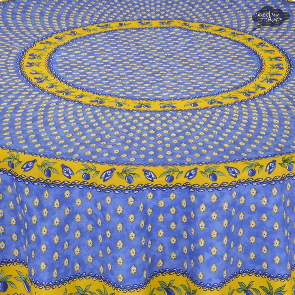 70" Round Monaco Blue & Yellow Acrylic-Coated Cotton Provence Tablecloth By Le Cluny - Image 2