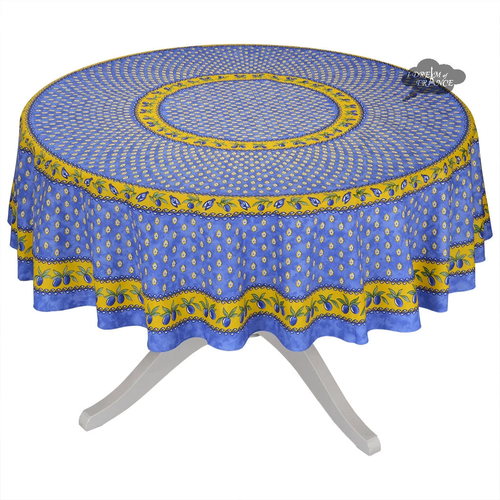 70" Round Monaco Blue & Yellow Acrylic-Coated Cotton Provence Tablecloth By Le Cluny