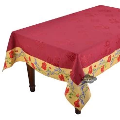 55x86" Rectangular Poppies Yellow & Red Matelassé Tablecloth By Tissus Toselli