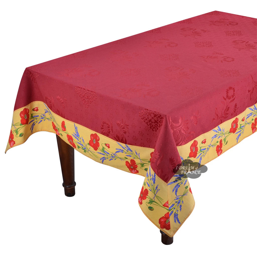 62x124" Rectangular Poppies Yellow & Red Matelassé Tablecloth By Tissus Toselli