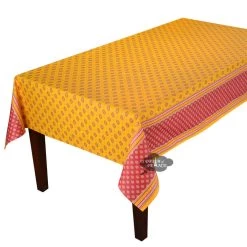 60x158" Rect Sormiou Yellow & Red Double Border Acrylic-Coated Cotton Tablecloth By Label France