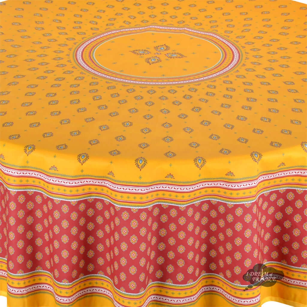 70" Round Sormiou Yellow & Red Acrylic-Coated Cotton Tablecloth By Label France - Image 2