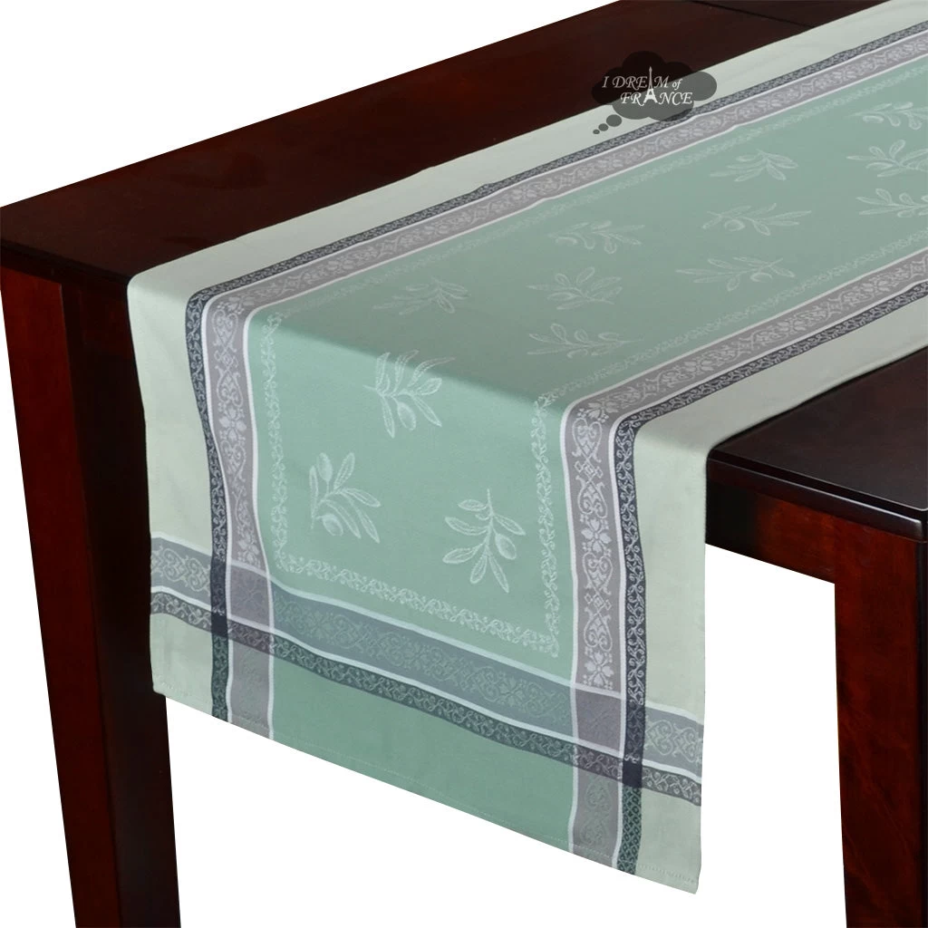 20x64" Olivia Green Jacquard Cotton Table Runner By Tissus Toselli