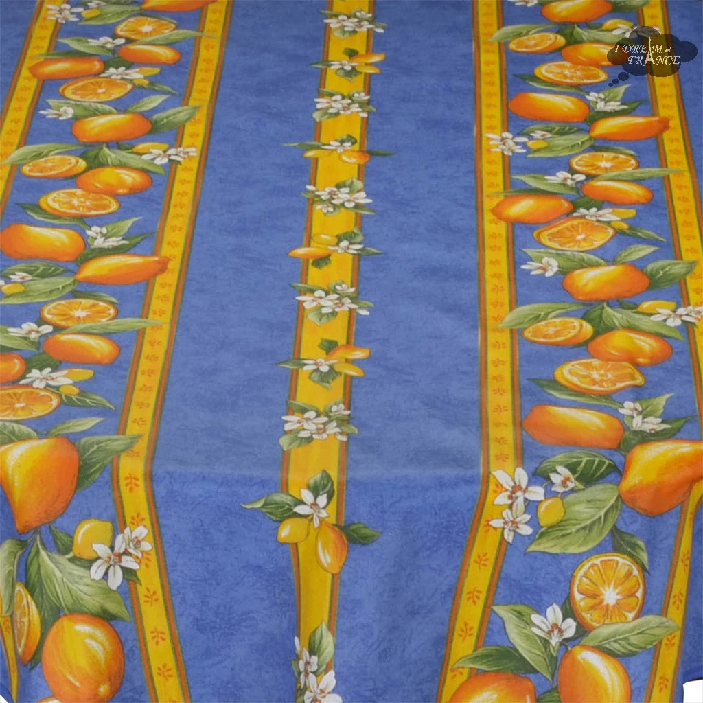 58" Round Lemons Blue Tablecloth By Tissus Toselli - Image 2