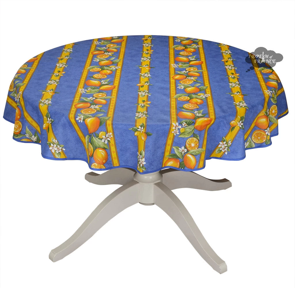 58" Round Lemons Blue Tablecloth By Tissus Toselli