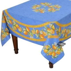 70" Square Lemons Blue Acrylic-Coated Cotton Tablecloth By Tissus Toselli