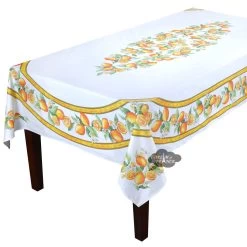 60x96" Rectangular Lemons White Acrylic-Coated Cotton French Tablecloth By Tissus Toselli
