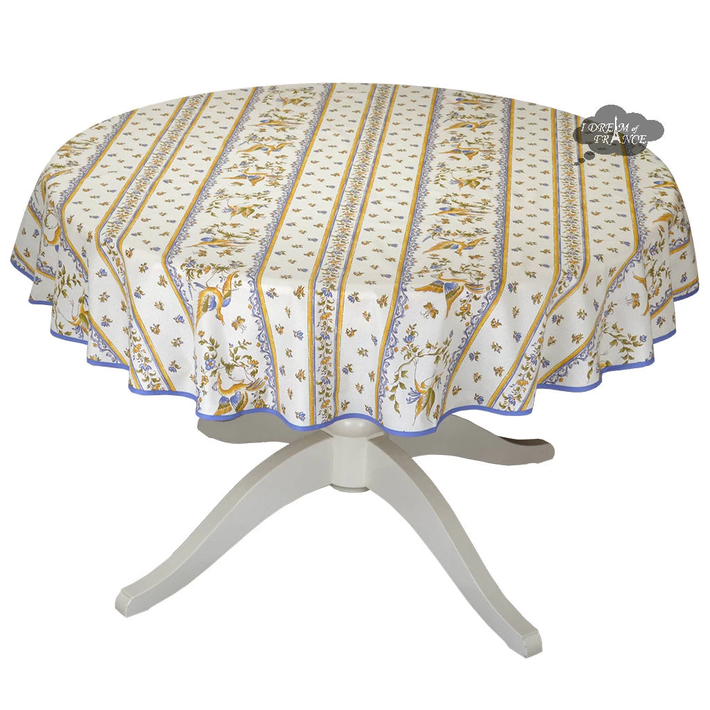58" Round Moustiers Blue & Cream Acrylic-Coated Cotton Tablecloth By Tissus Toselli