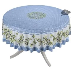 70" Round Nyons Blue Acrylic-Coated Cotton Tablecloth By Tissus Toselli