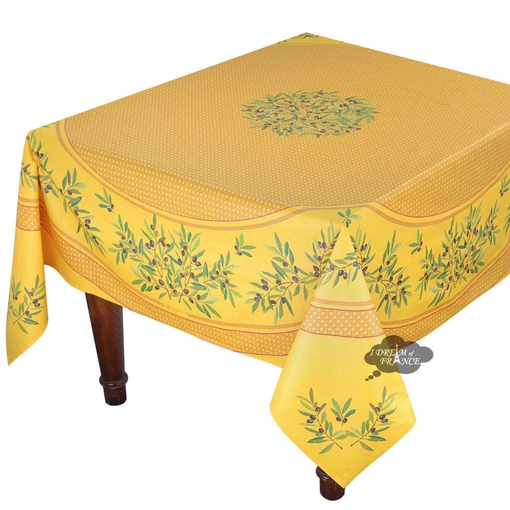 70" Square Nyons Yellow & Red Acrylic-Coated Cotton Tablecloth By Tissus Toselli