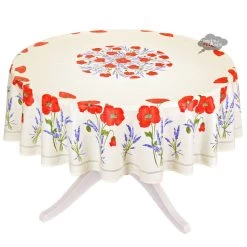 90" Round Poppies Cream Acrylic-Coated Cotton Tablecloth By Tissus Toselli