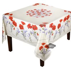 70" Square Poppies Cream Acrylic-Coated Cotton Tablecloth By Tissus Toselli
