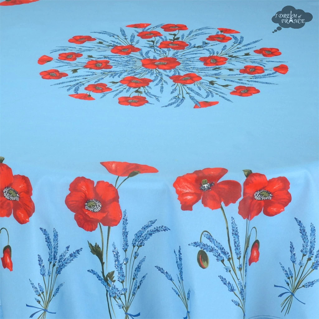 90" Round Poppies Sky Blue Acrylic-Coated Cotton Tablecloth By Tissus Toselli - Image 2