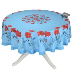 70" Round Poppies Sky Blue Acrylic-Coated Cotton Tablecloth By Tissus Toselli