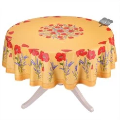 70" Round Poppies Yellow Acrylic-Coated Cotton Tablecloth By Tissus Toselli